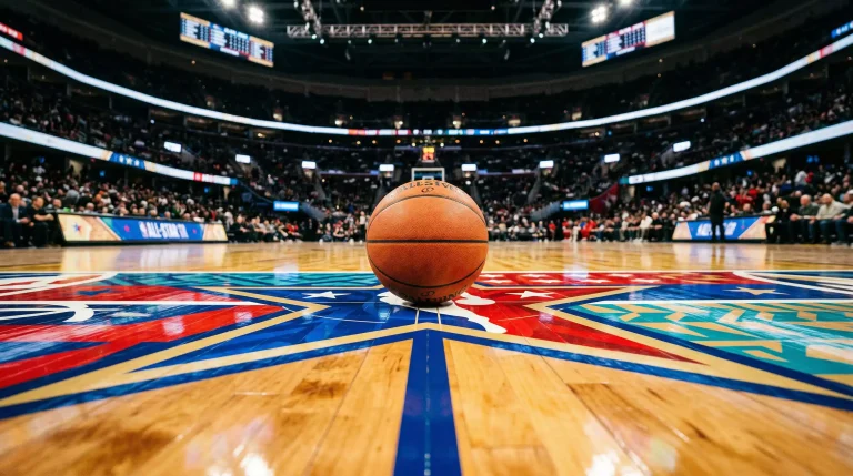 Balón de baloncesto NBA junto a una camiseta del All-Star Game sobre una cancha