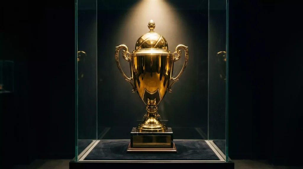 Trofeo Larry O'Brien de campeón de la NBA sobre una vitrina con fondo oscuro