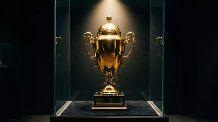 Trofeo Larry O'Brien de campeón de la NBA sobre una vitrina con fondo oscuro