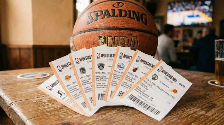 Varios boletos de apuestas deportivas sobre una mesa junto a un balón de baloncesto