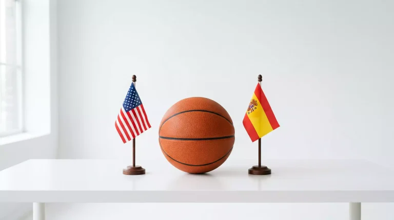 Balón de baloncesto NBA entre dos banderas pequeñas de Estados Unidos y España sobre una mesa