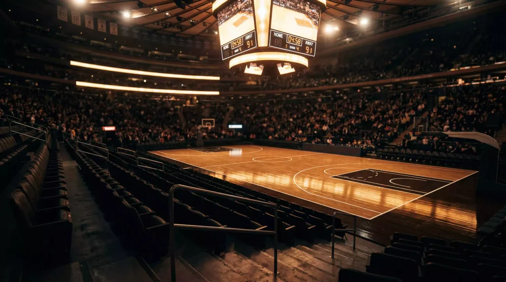Cancha de baloncesto NBA durante un partido de playoffs con el marcador del pabellón iluminado