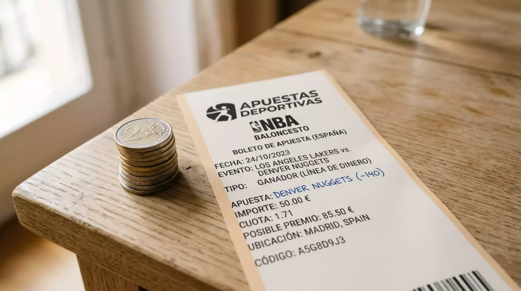 Ticket de apuesta deportiva junto a monedas de euro sobre una mesa de madera