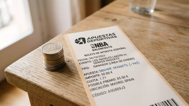 Ticket de apuesta deportiva junto a monedas de euro sobre una mesa de madera