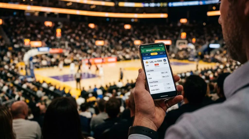 Mano sosteniendo un teléfono móvil con una cancha de baloncesto NBA de fondo iluminada
