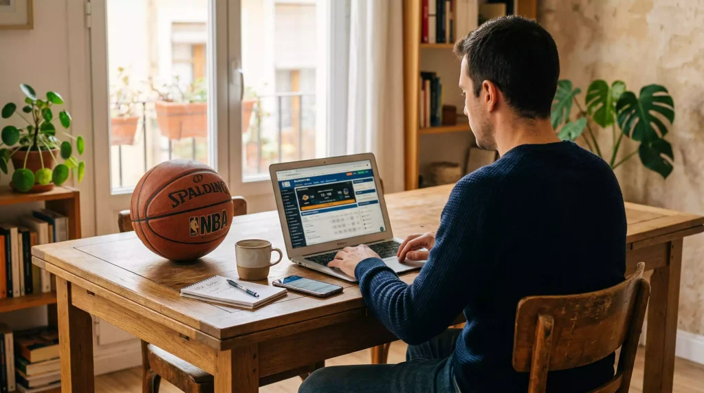 Persona sentada frente a un portátil con un balón de baloncesto sobre la mesa