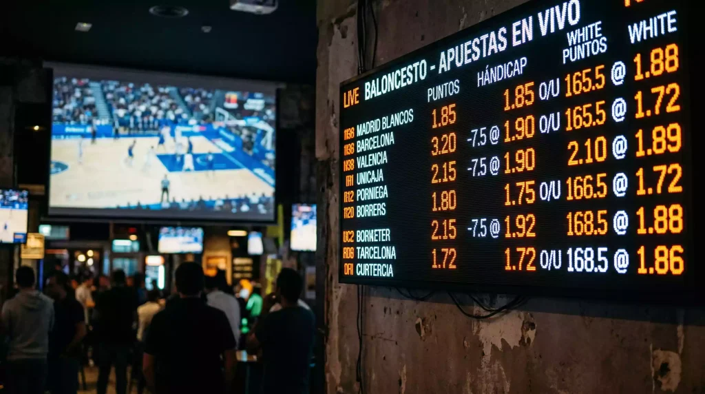 Tablero de cuotas deportivas iluminado con números decimales sobre un fondo de cancha de baloncesto