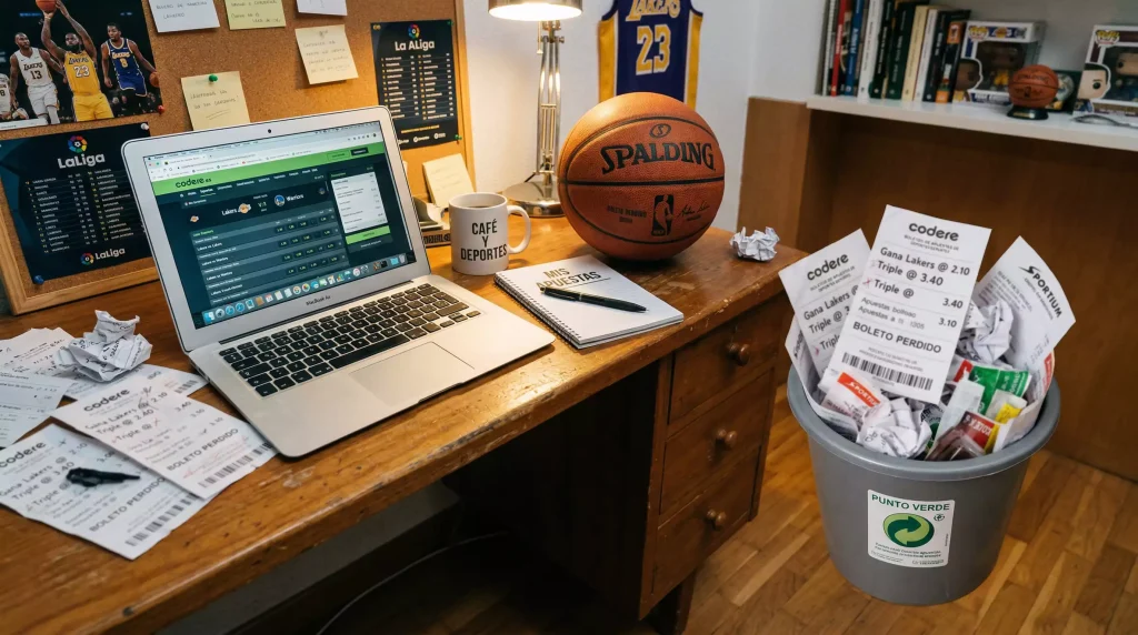 Papelera con boletos de apuestas arrugados junto a un escritorio con un portátil abierto