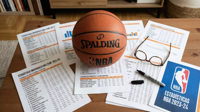 Hoja de estadísticas de baloncesto NBA impresa sobre una mesa junto a un balón de basket