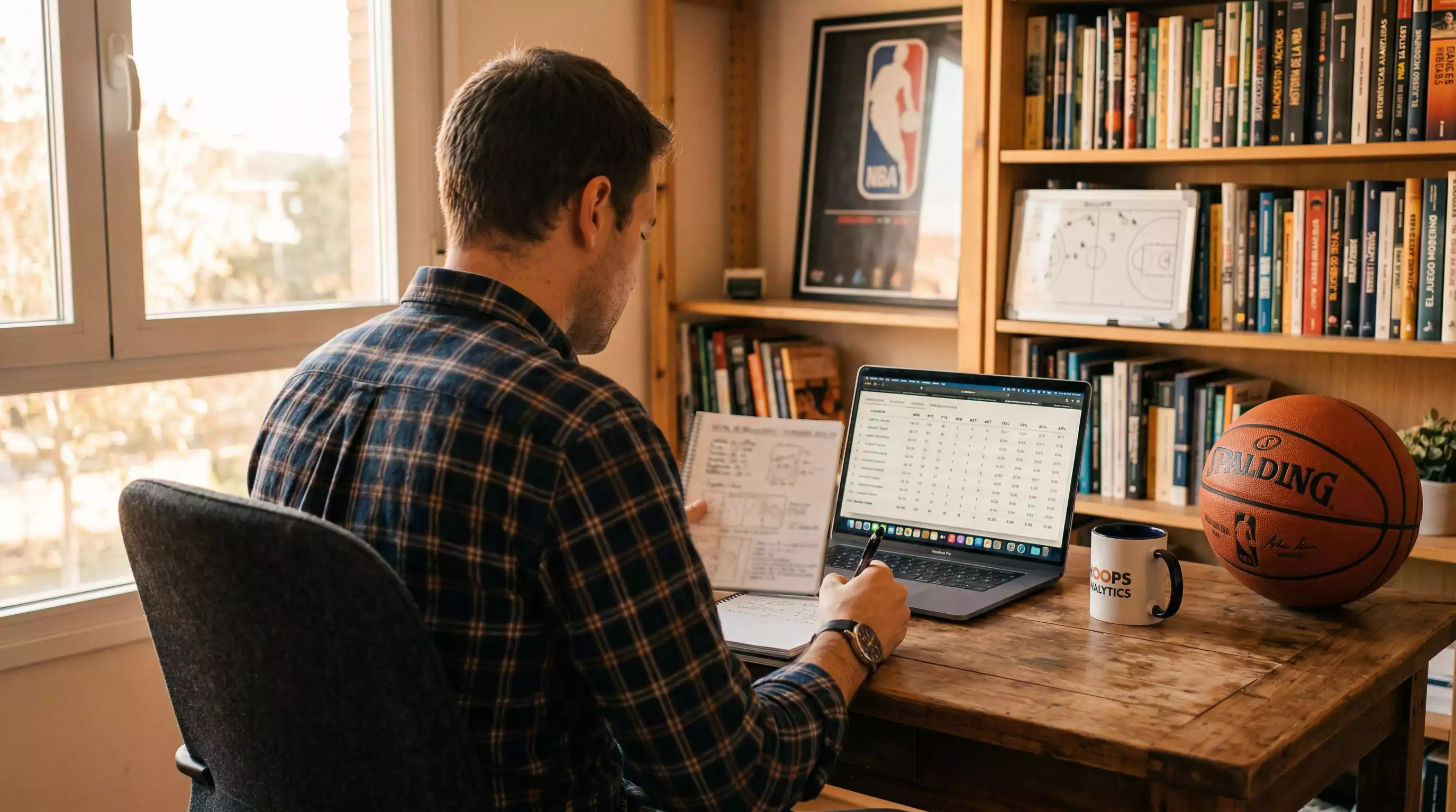Analista deportivo revisando estadísticas de baloncesto NBA en una mesa de trabajo con libreta y portátil