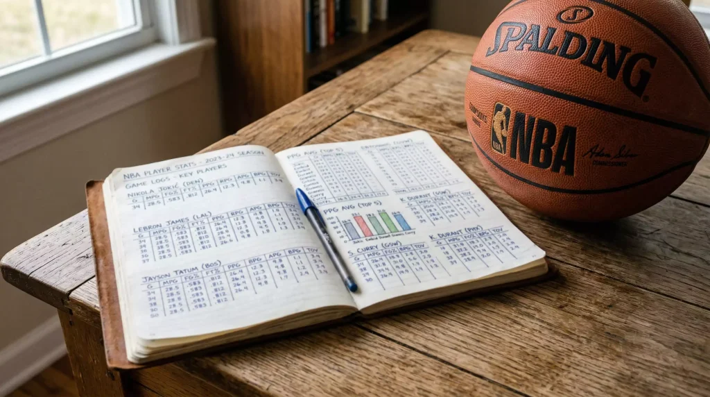 Cuaderno con estadísticas de baloncesto junto a un balón NBA sobre una mesa de madera