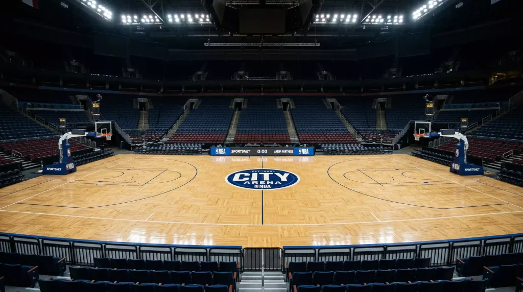 Cancha de baloncesto NBA vacía vista desde el centro del campo con las canastas a ambos lados