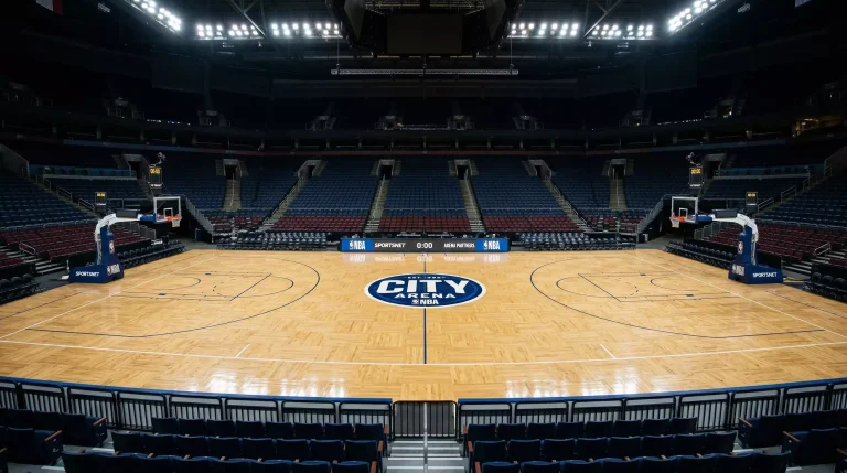 Cancha de baloncesto NBA vacía vista desde el centro del campo con las canastas a ambos lados