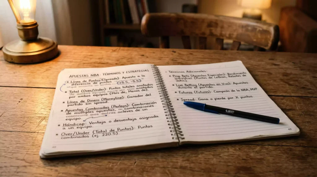 Cuaderno abierto con anotaciones escritas a mano junto a un balón de baloncesto sobre un escritorio