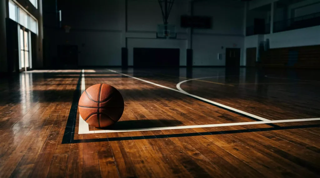 Balón de baloncesto NBA sobre una cancha vacía con las líneas del campo bien marcadas
