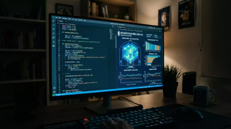 Pantalla de ordenador con líneas de código y datos estadísticos de baloncesto NBA