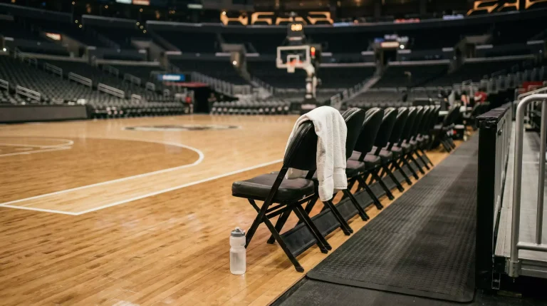 Banquillo de un equipo de baloncesto NBA con asientos vacíos y la cancha al fondo