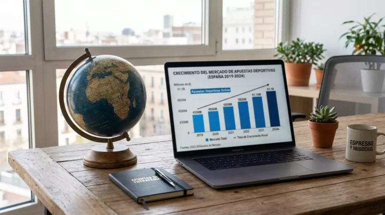 Globo terráqueo sobre un escritorio junto a un portátil con gráficos de crecimiento en pantalla