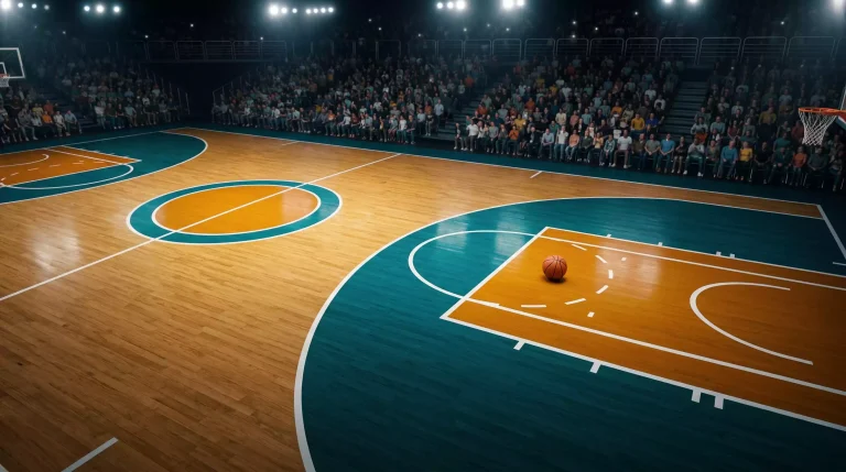 Cancha de baloncesto NBA con diseño especial del torneo NBA Cup y un balón en el centro