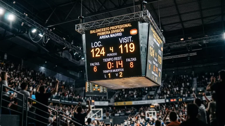 Marcador de un partido de baloncesto NBA mostrando una puntuación alta en un pabellón