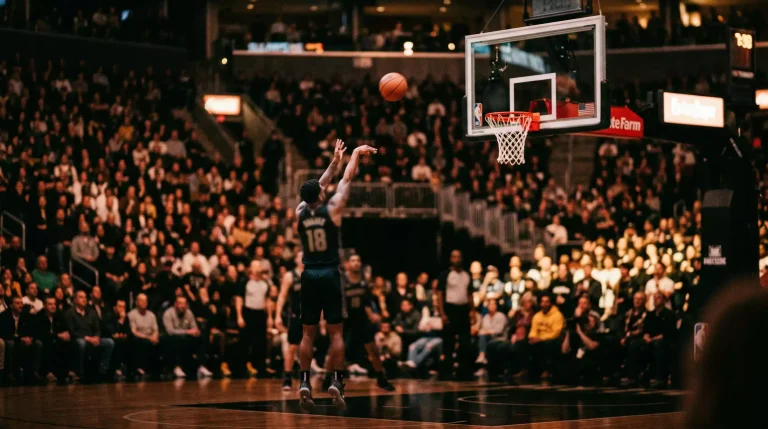 Jugador de baloncesto NBA lanzando a canasta durante un partido visto desde las gradas