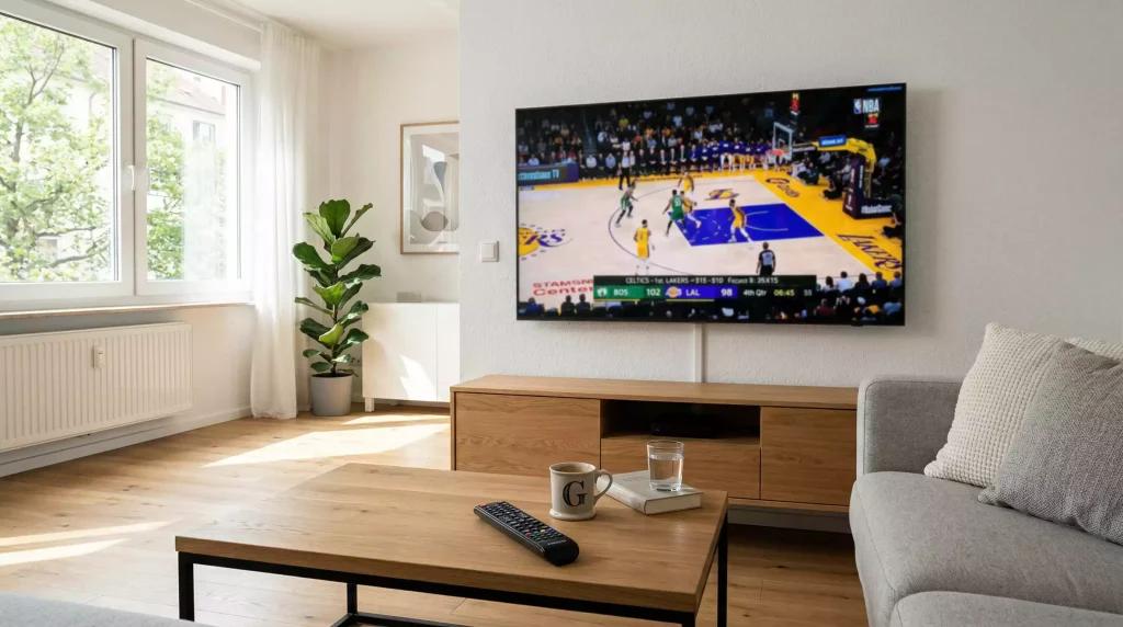 Televisor apagado en un salón con un mando a distancia sobre la mesa