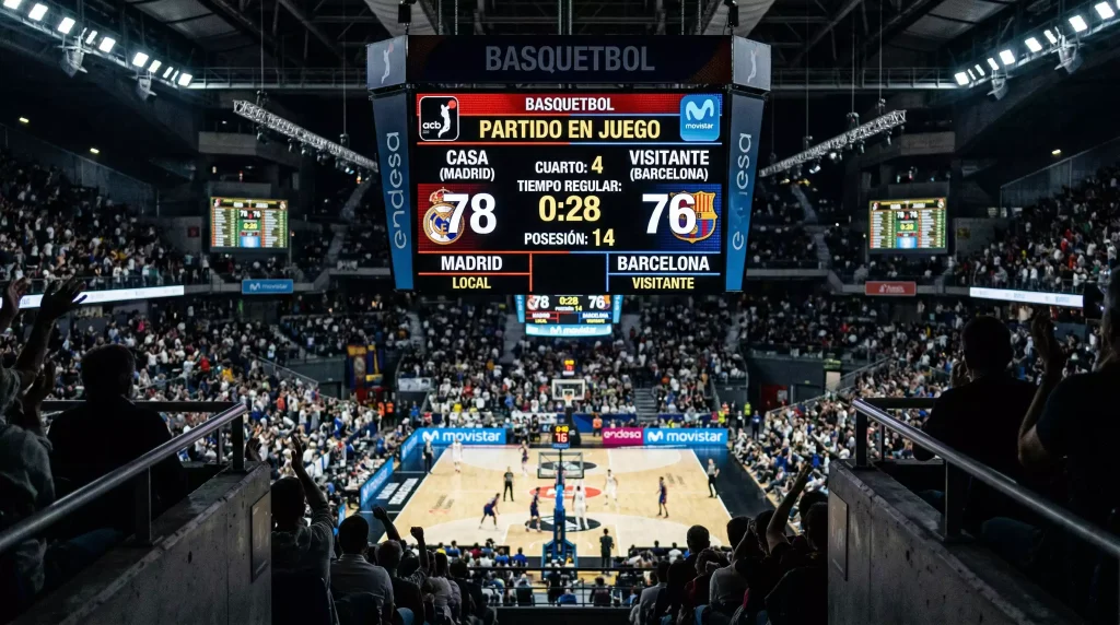 Marcador electrónico de un pabellón de baloncesto NBA mostrando una diferencia de puntos ajustada