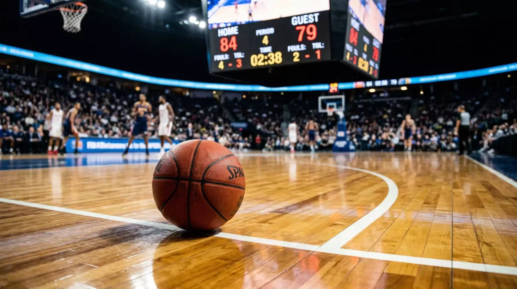 Balón de baloncesto sobre una cancha NBA iluminada con marcador electrónico de fondo