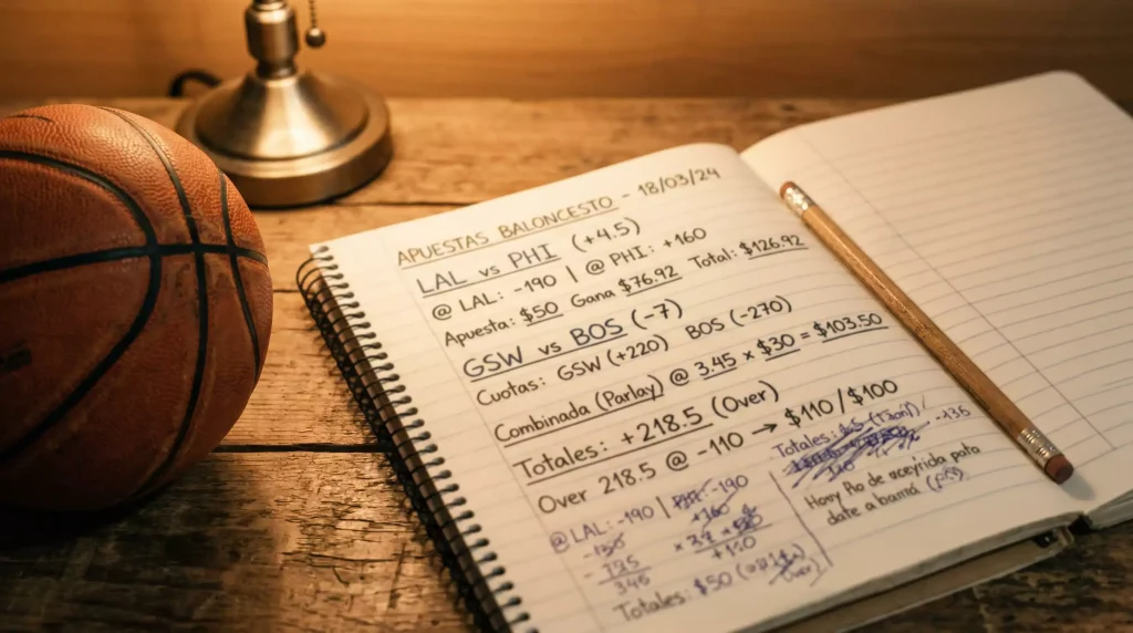 Cuaderno con cálculos de probabilidades junto a un balón de baloncesto sobre un escritorio